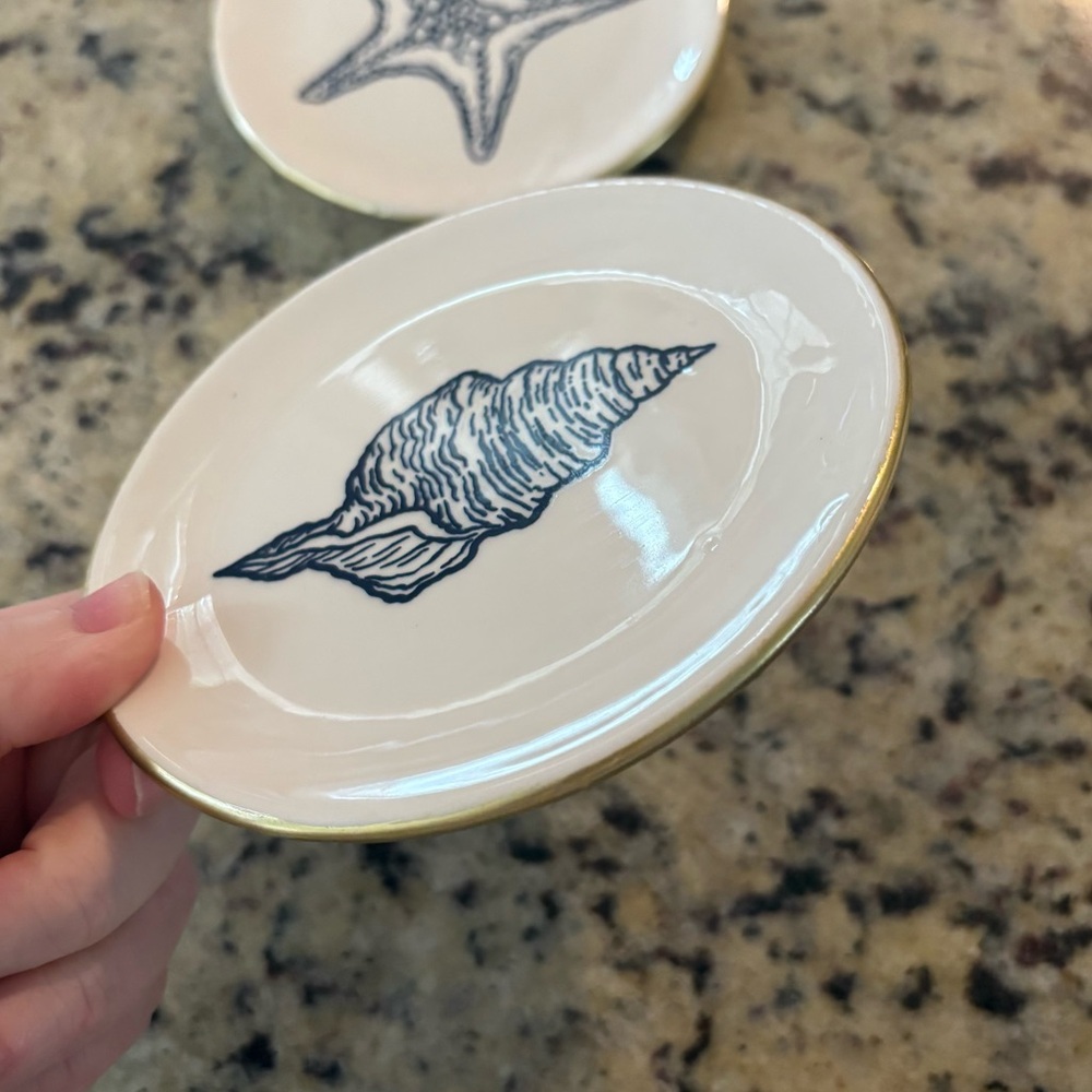 Blue and White Starfish and Seashell Set of Ceramic Plates 5” - Picture 2 of 6